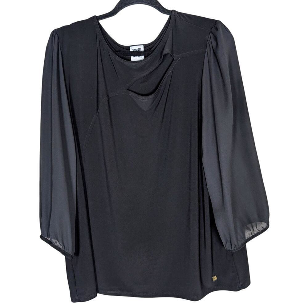 Anne Klein Black Top Sheer Long Sleeves Size XL Dressy Blouse Front Cutout